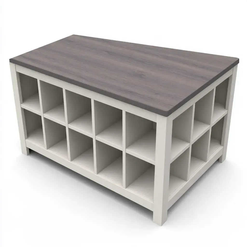 Isla de cocina con compartimentos abiertos - gris/blanco