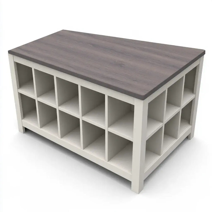 Isla de cocina con compartimentos abiertos - gris/blanco