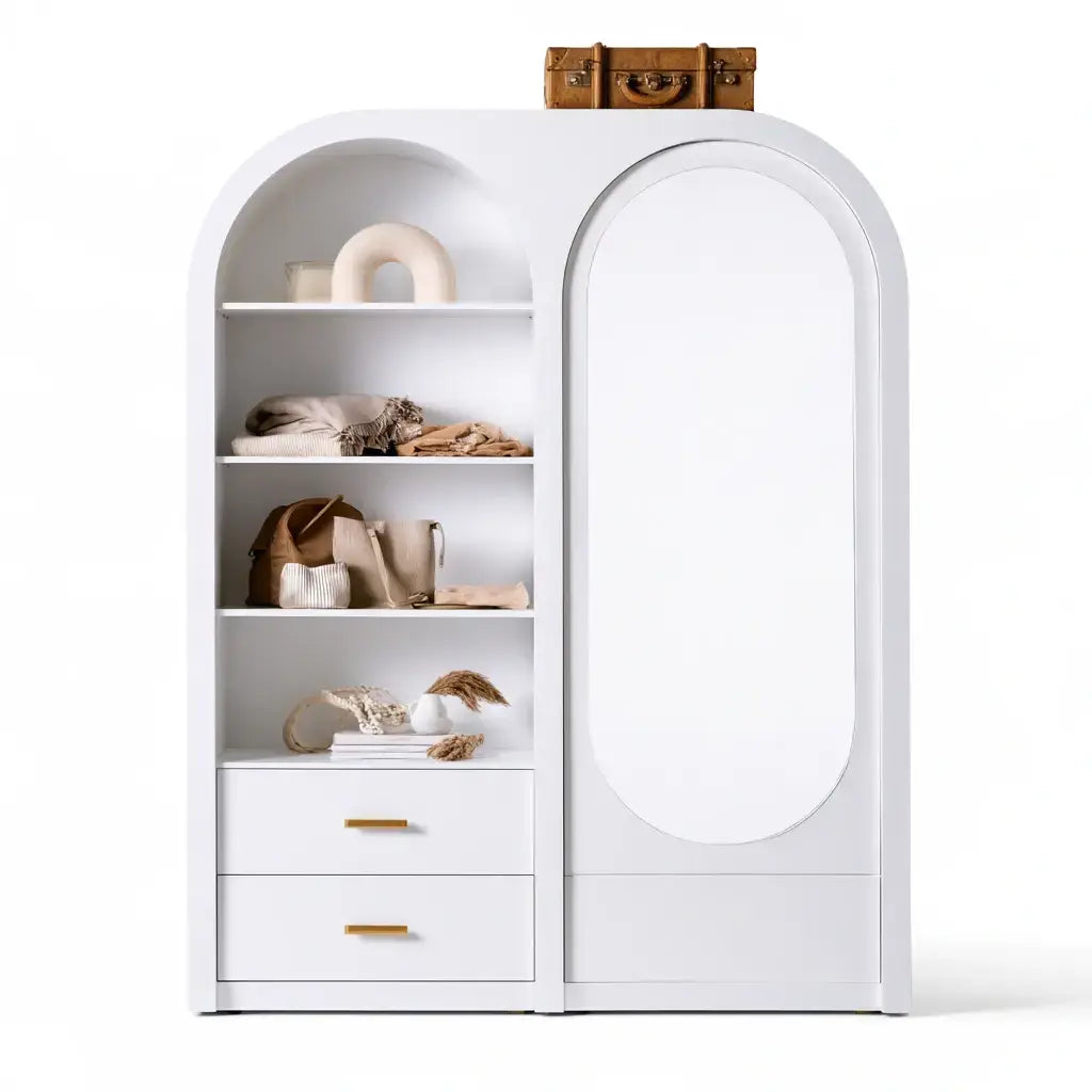 Armario con puerta ovalada y estantes laterales - blanco