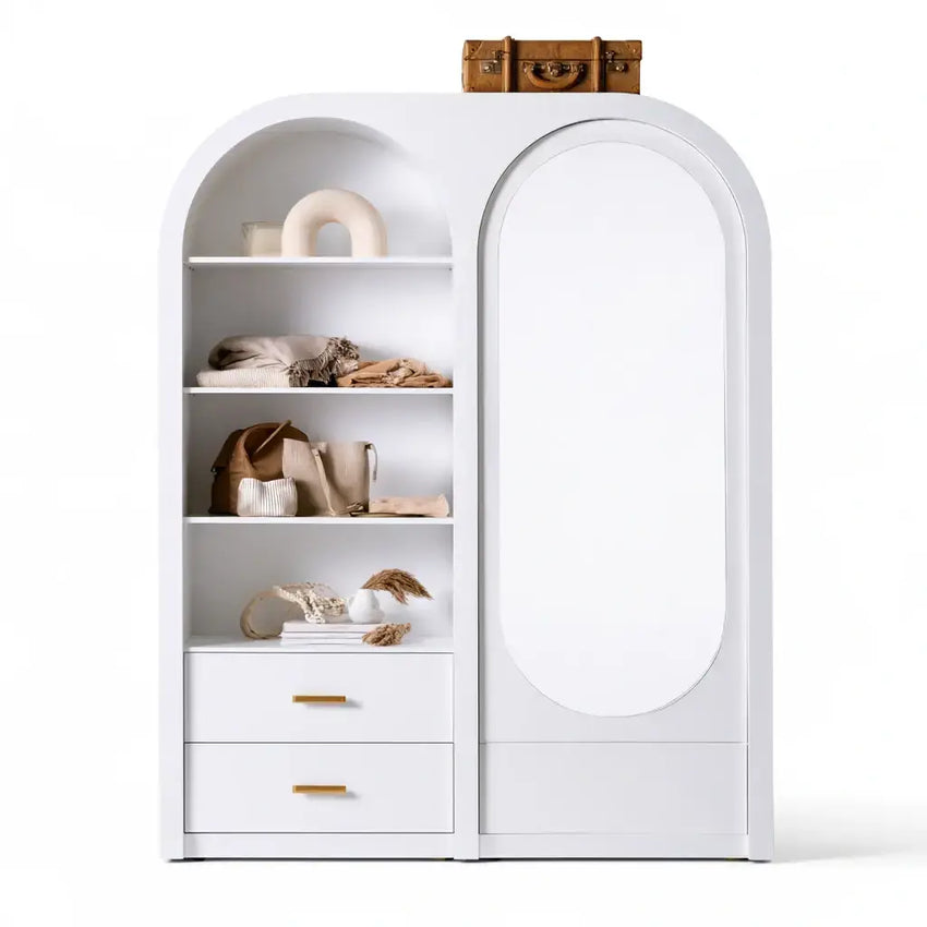 Armario con puerta ovalada y estantes laterales - blanco