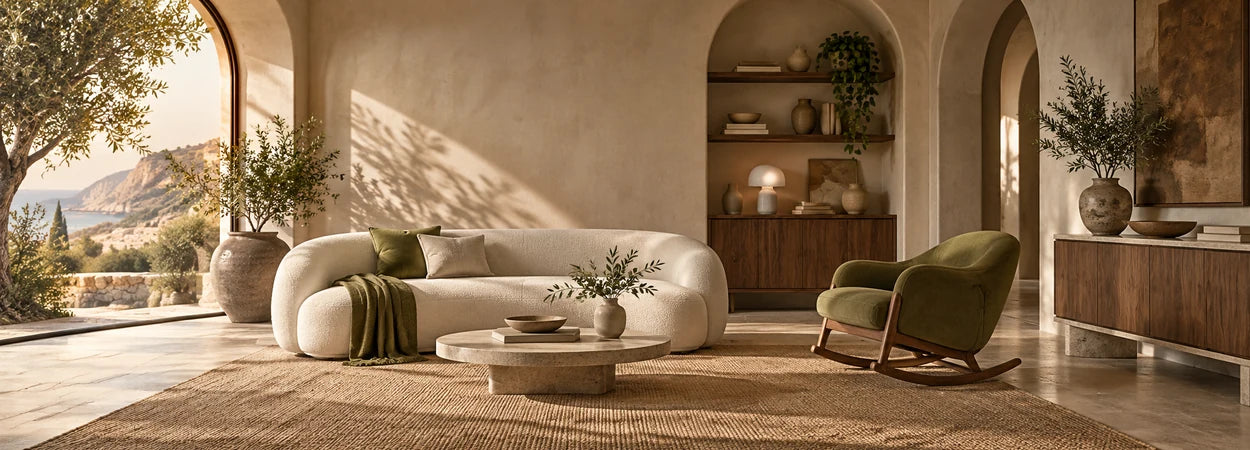 Ambiente mediterráneo con sofá y mecedora en tonos naturales